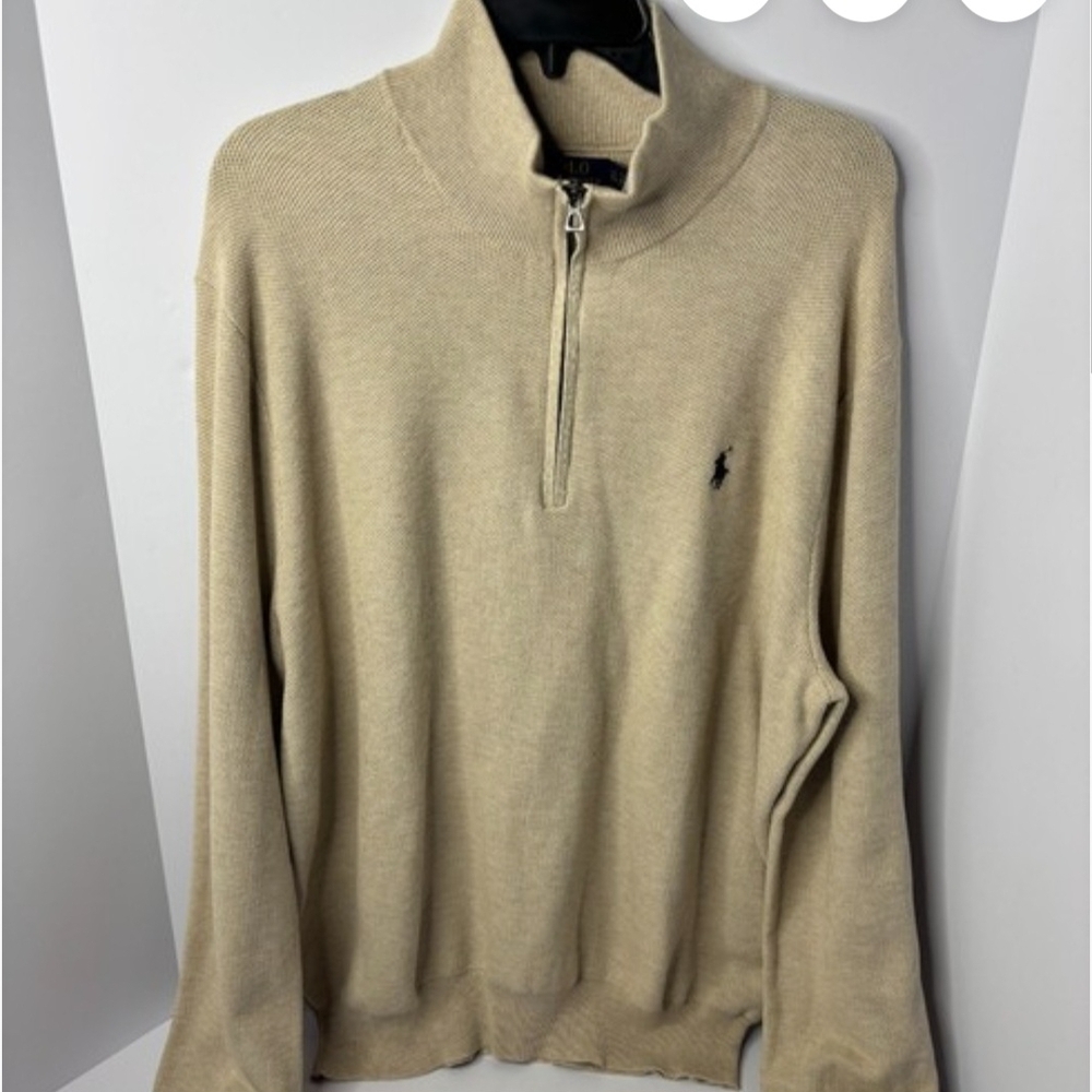 Men's Large Polo Ralph Lauren Oarmeal Beige Quarter Zip Cotton Sweater